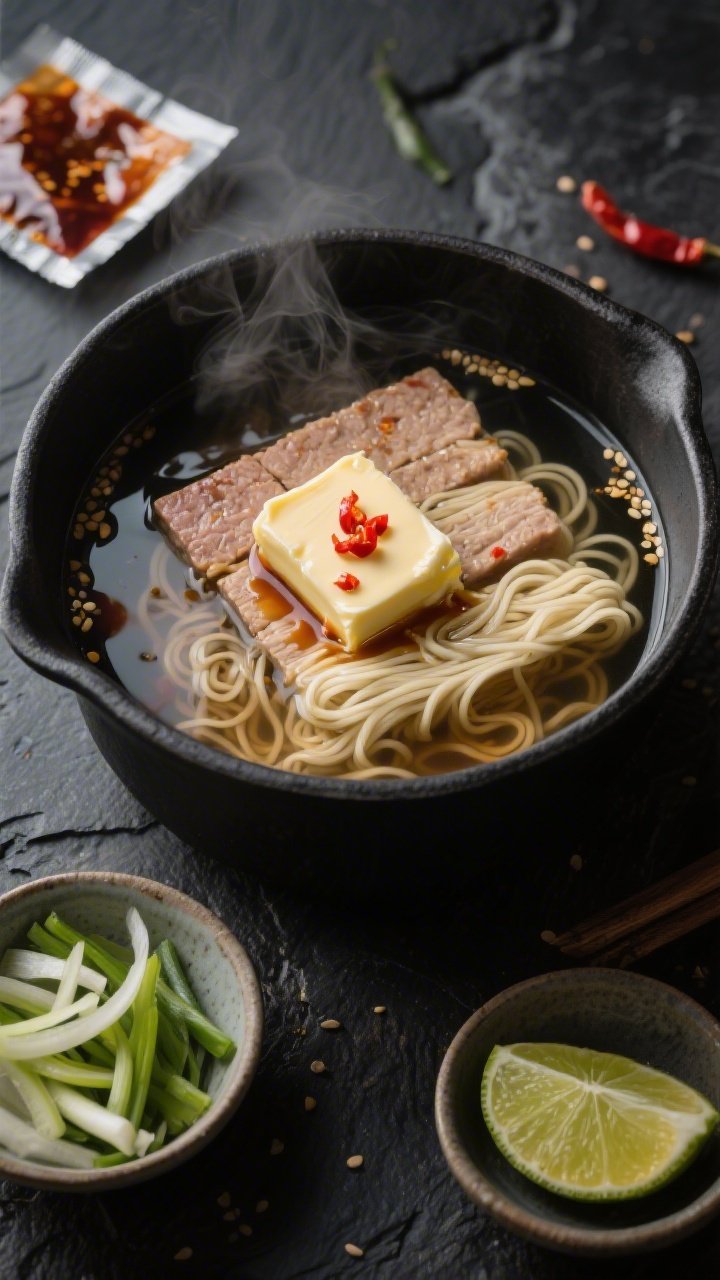 An overhead ingredient-and-process shot for Weeknight Meatloaf Ramen with chili-garlic butter: a matte black pot with simmering low-sodium broth and water, pale ramen bricks just starting to soften (seasoning packet discarded off-frame), a pat of chili-garlic butter melting on top with red chili flecks, a drizzle ripple of soy sauce, toasted sesame oil, and a splash of rice vinegar visible in the broth; nearby small bowls hold sliced scallions and a wedge of lime for brightness; moody, steamy scene on a dark stone surface, focus on glossy broth and melting butter swirl.