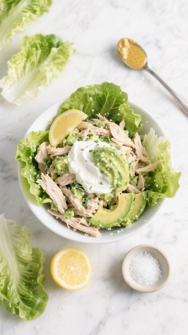 An overhead ingredient-to-assembly scene for creamy avocado Greek yogurt chicken salad lettuce wraps: a large bowl of shredded cooked chicken folded with mashed ripe avocado, plain 2% Greek yogurt, lemon juice, Dijon mustard, and grated garlic, speckled with kosher salt; crisp butter lettuce leaves arranged around for wrapping, lemon halves, a small spoon with Dijon smear, and a pinch bowl of salt; clean, fresh styling on a white marble surface with soft daylight, showcasing the creamy, herby-green mixture ready to spoon into lettuce cups.