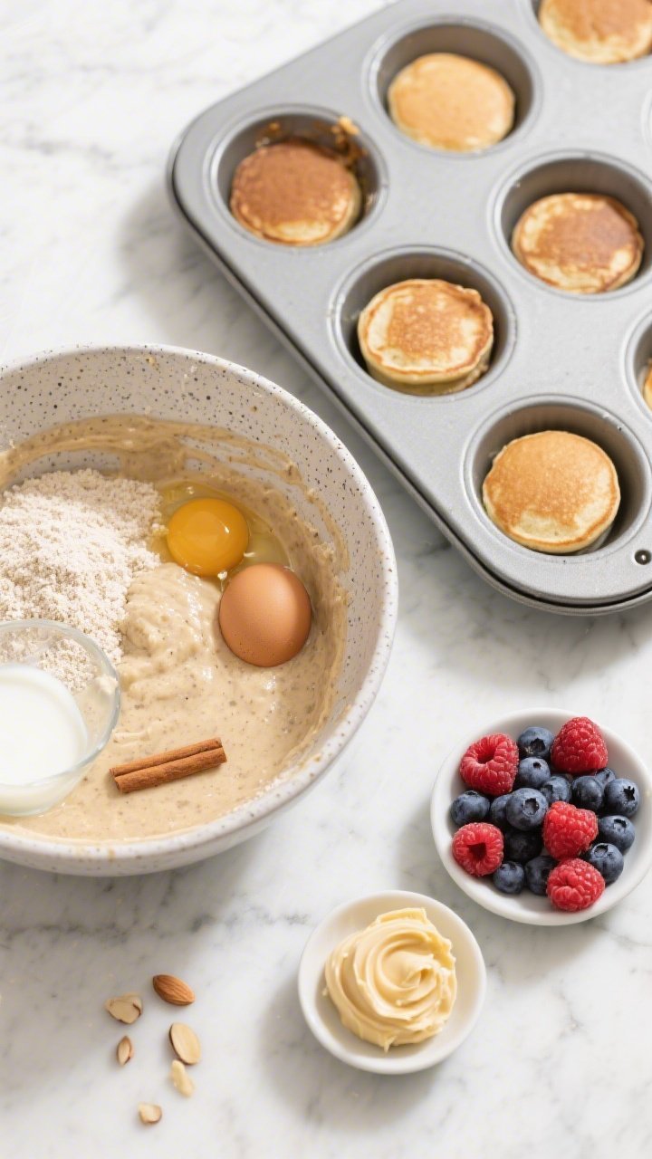 An overhead ingredient-to-oven prep shot for almond flour pancake bites: a mixing bowl with a thick, speckled batter made from fine almond flour, coconut flour, baking powder, ground cinnamon, pinch of salt, eggs, and unsweetened almond milk. Next to it, a greased mini muffin tin half-filled with batter, a small dish of cinnamon butter (softened, swirled) and a handful of fresh berries (raspberries, blueberries) ready for serving. Clean baking scene on a light marble surface, soft morning brightness.