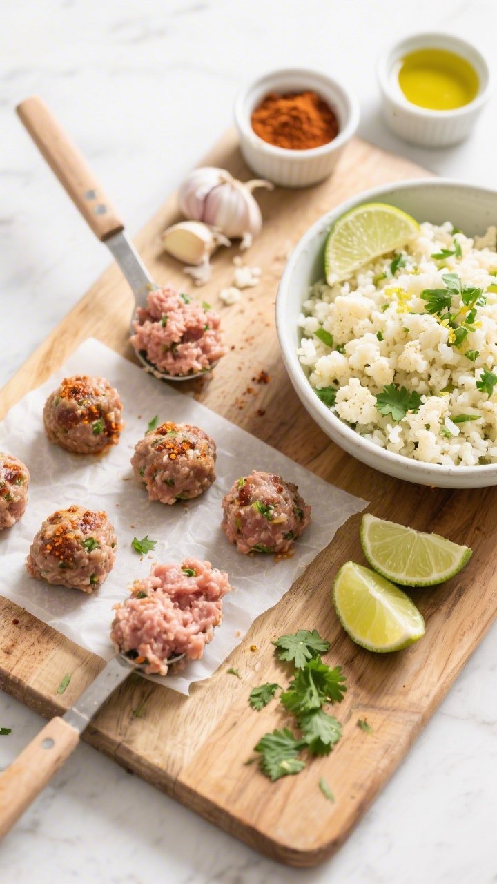 An overhead ingredient-to-process scene for chipotle turkey meatballs with cilantro-lime cauliflower rice: raw ground turkey mixed with visible flecks of chipotle seasoning and herbs, portioned meatball scoops on parchment; a separate bowl of riced cauliflower tossed with chopped cilantro and lime zest, lime wedges nearby. Small ramekins of spices, minced garlic, and a drizzle of avocado oil set around a wooden board. Clean, bright kitchen light, conveying freshness and prep stage.