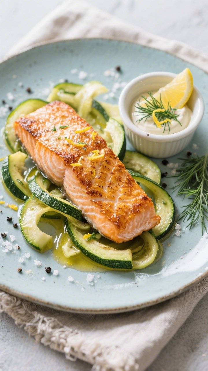 An overhead plated presentation of crispy-skin salmon fillets, skin crackling and golden, set atop glossy zucchini ribbons tossed with olive oil; a small ramekin of lemon-dill aioli on the side, lemon zest and fresh dill sprinkled over; kosher salt and black pepper visibly dusted; avocado oil sheen on the salmon; styled on a cool-toned ceramic plate with a linen napkin for a fresh, coastal feel