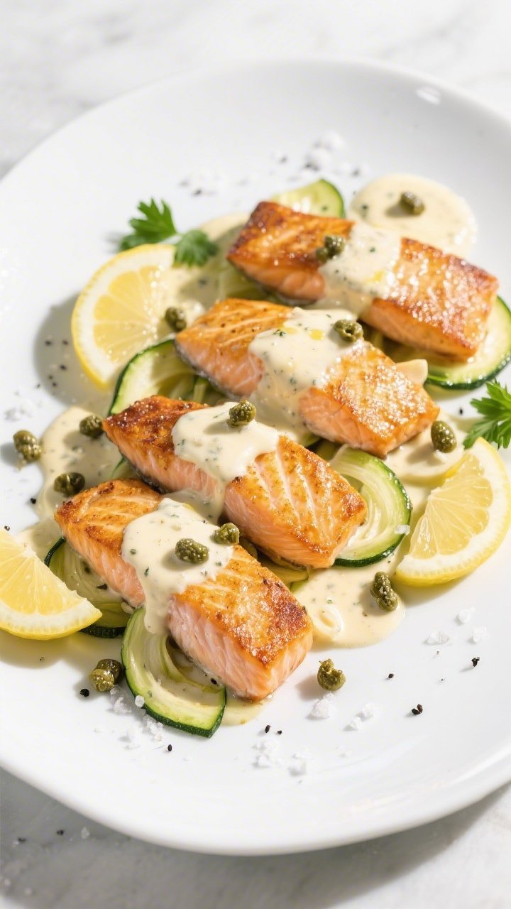 An overhead plated presentation of crispy-skin salmon fillets (4, 5–6 oz each) with shatteringly crisp golden skin, nestled over delicate zucchini ribbons. Lemon caper cream sauce made with butter, garlic, and heavy cream spooned over and around the salmon, dotted with briny capers and a squeeze of fresh lemon. Light, bright styling on a white ceramic plate, sprinkled with kosher salt and black pepper, thin lemon slices and a few parsley leaves for contrast, clean modern look, natural daylight.