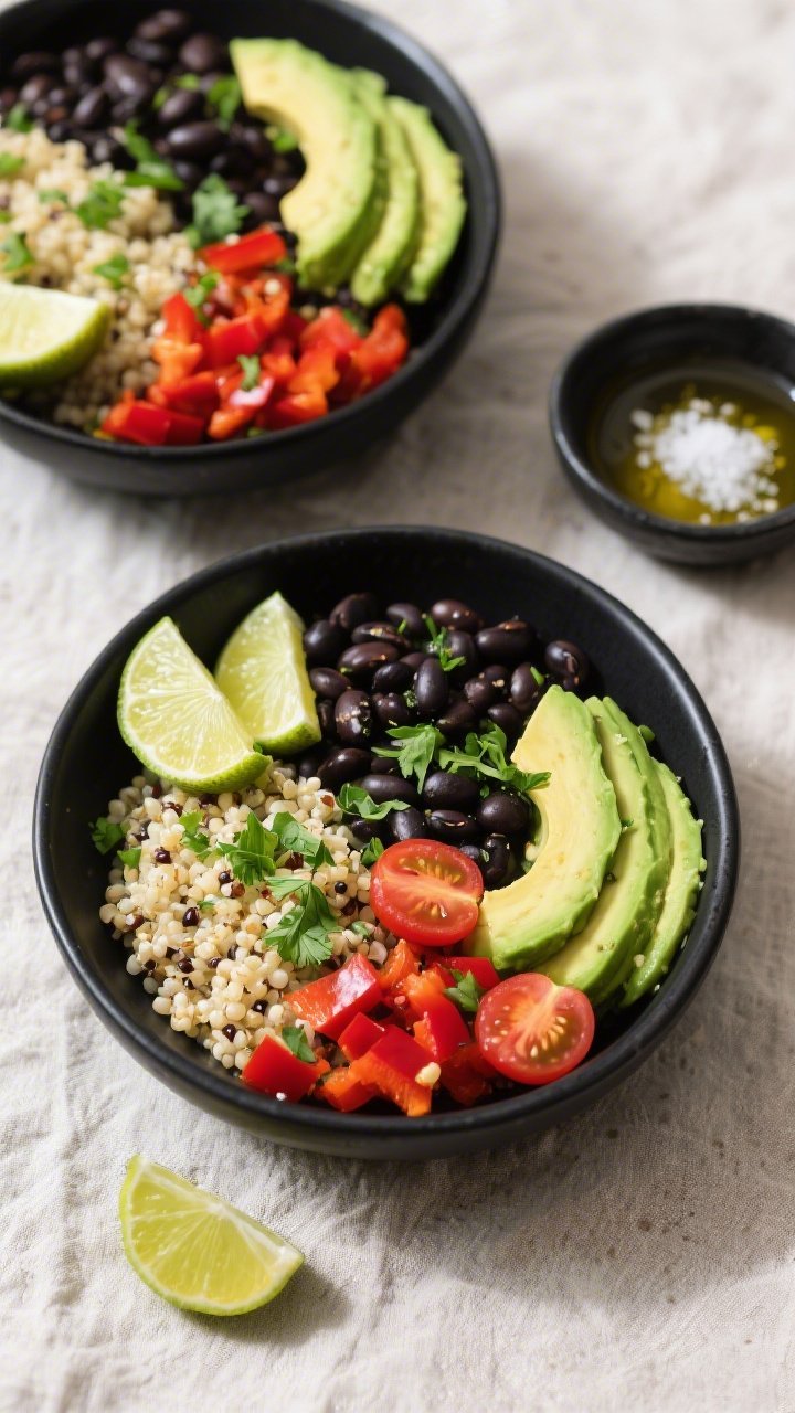An overhead power-bowl spread of zesty avocado black bean bowls with cilantro-lime quinoa: fluffy quinoa cooked in low-sodium broth and sprinkled with chopped cilantro and lime zest, nestled with black beans, halved cherry tomatoes, diced red bell pepper, and fanned ripe avocado; lime wedges and a drizzle of olive oil to finish, kosher salt pinch bowl nearby; vibrant, high-contrast styling in matte black bowls on a light linen for a fresh, energizing mood.