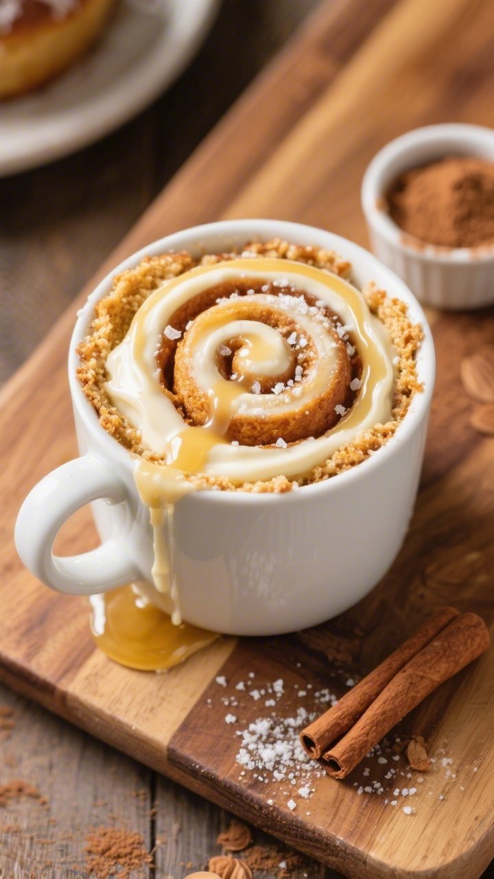 An overhead shot of a cinnamon roll mug cake topped with a glossy cream cheese drizzle cascading down the spiral, golden edges from almond and coconut flours, cinnamon swirls visible, tiny crystals of powdered erythritol catching light, a small pool of melted butter sheen on the surface, pinch of salt for balance; set in a white ceramic mug on a warm wooden board with a ramekin of extra drizzle and a dusting of cinnamon nearby for cozy bakery vibes.