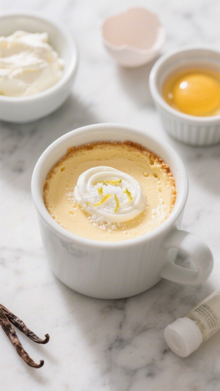 An overhead shot of a just-cooked two-minute mug cheesecake in a white ceramic mug on a marble surface. The surface is smooth and slightly jiggly, with a faint swirl and micro-bubbles from the quick cook. Garnished with a thin ribbon of sour cream, a sprinkle of powdered sweetener, and a whisper of lemon zest. Surrounding props: a small bowl with softened cream cheese, an egg yolk in a ramekin, and a vanilla vial; clean, bright, bakery-fresh mood.