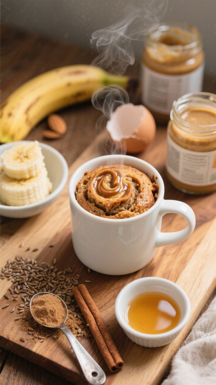 An overhead shot of a steaming hot banana bread mug cake fresh from the microwave, in a white ceramic mug with gooey cinnamon swirls visible on top; set on a warm wooden board with a mashed ripe banana in a small bowl, a jar of almond butter, one cracked egg and a ramekin of ground flax with water (flax egg), measuring spoons with cinnamon and coconut sugar, and a small dish of maple syrup; soft morning light for a cozy, homey feel.