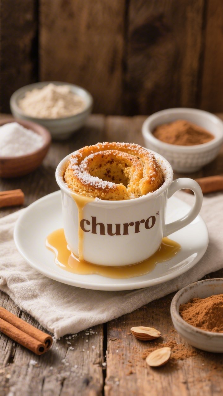 An overhead shot of a warm cinnamon “churro” keto mug cake just out of the microwave, lifted from the mug and plated on a small white dessert plate. Golden-brown crumb with visible cinnamon flecks, lightly dusted with granulated sweetener “churro” style. A glossy butter drizzle pooling around the base. Nearby: tiny bowls holding almond flour, coconut flour, baking powder, and more ground cinnamon. Soft, cozy lighting with a rustic wood backdrop.