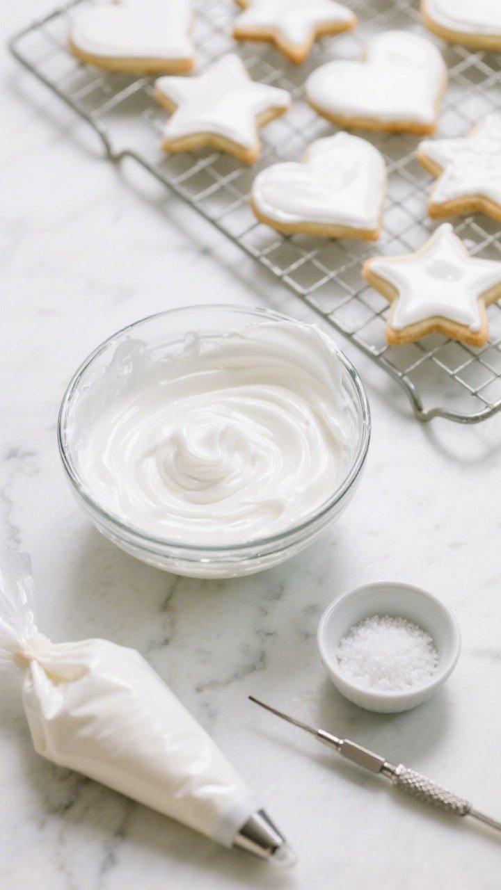 An overhead shot of Classic Royal Icing in a decorator’s setup: a glass bowl of glossy white icing made from sifted powdered sugar, meringue powder, warm water, and vanilla extract; piping bags fitted with small round tips, a scribe tool, and neatly outlined sugar cookies in classic shapes (stars, hearts) drying to a smooth, glass-like finish on a wire rack; small pinch bowl of fine salt nearby; cool white marble surface, soft diffused light, crisp highlights on the shiny set icing, no people.