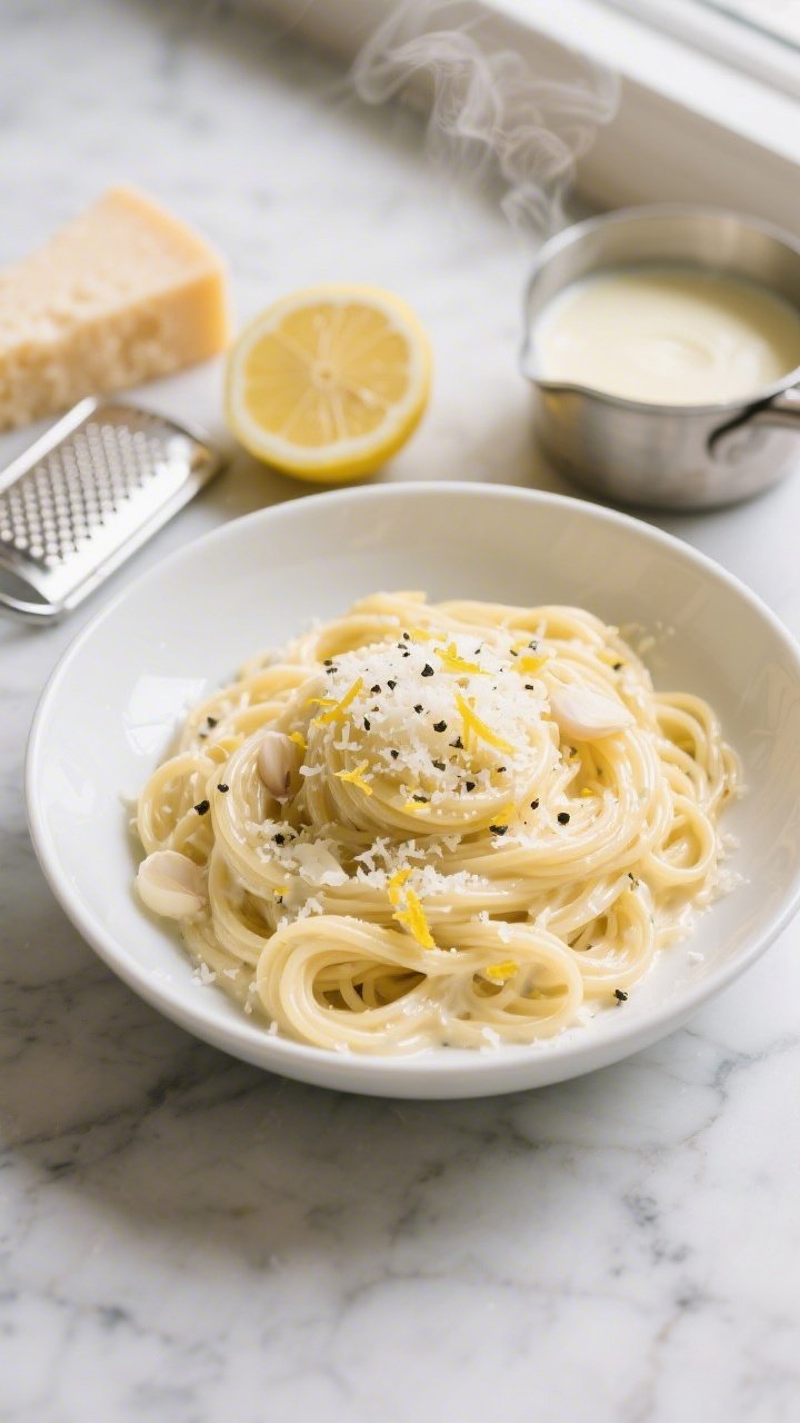 An overhead shot of creamy lemon garlic pasta twirled into nests in a wide white bowl, glossy strands of spaghetti coated in pale ivory cream sauce with visible minced garlic, melted butter sheen, and a generous snowfall of freshly grated Parmesan; lemon zest sprinkled over, cracked black pepper, and a light olive oil glisten; set on a marble surface with a microplane, halved lemon, Parmesan wedge, and a small saucepan of warm heavy cream in the background, soft window light and shallow shadows, steam subtly rising