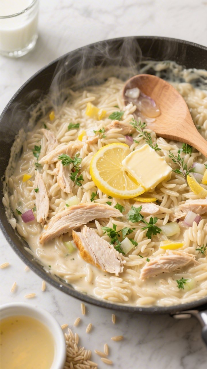 An overhead shot of creamy lemon herb chicken orzo in a wide shallow skillet: glossy orzo swirled in a pale lemony cream sauce with shredded rotisserie chicken folded in, flecks of fresh herbs (parsley and thyme), finely diced yellow onion and minced garlic visible, finished with a light zest of lemon and a pat of butter melting on top; warm, cozy styling on a light marble surface with a wooden spoon, a small bowl of low-sodium chicken broth, milk in a glass, and uncooked orzo scattered for texture; soft daylight, steam gently rising.