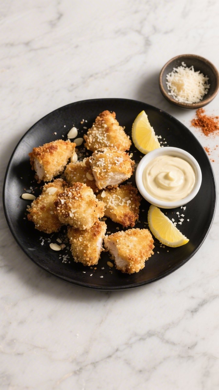 An overhead shot of crispy Parmesan chicken bites just out of the oven, golden and craggy from finely grated Parmesan and blanched almond flour coating, flecked with garlic and onion powder and a hint of smoked paprika; served on a matte black platter with a ramekin of silky lemon-garlic aioli, lemon wedges, and a light sprinkle of flaky salt; styled on a cool marble surface with a small bowl of grated Parmesan and a dusting of spices for context; crisp, contrasty lighting to emphasize texture.