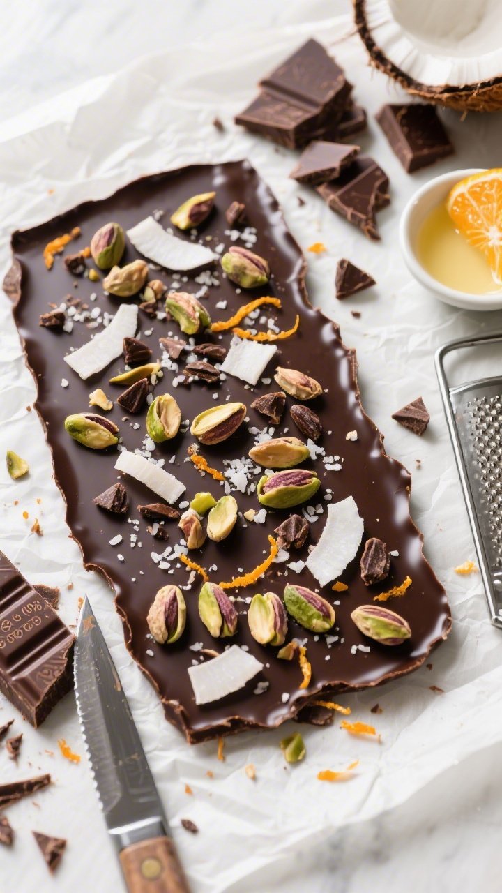 An overhead shot of dark chocolate bark spread thin on parchment, glossy from a touch of coconut oil. Studded with roughly chopped roasted pistachios, unsweetened coconut flakes, and crunchy cacao nibs, then finished with a sprinkle of flaky sea salt and fine orange zest threads. Include a chef’s knife with shards of bark, a bar of 85–90% cacao chocolate partially chopped, a small bowl of coconut oil, and a microplane with a zested orange. Rich but clean lighting to make the chocolate gleam and toppings pop with texture.