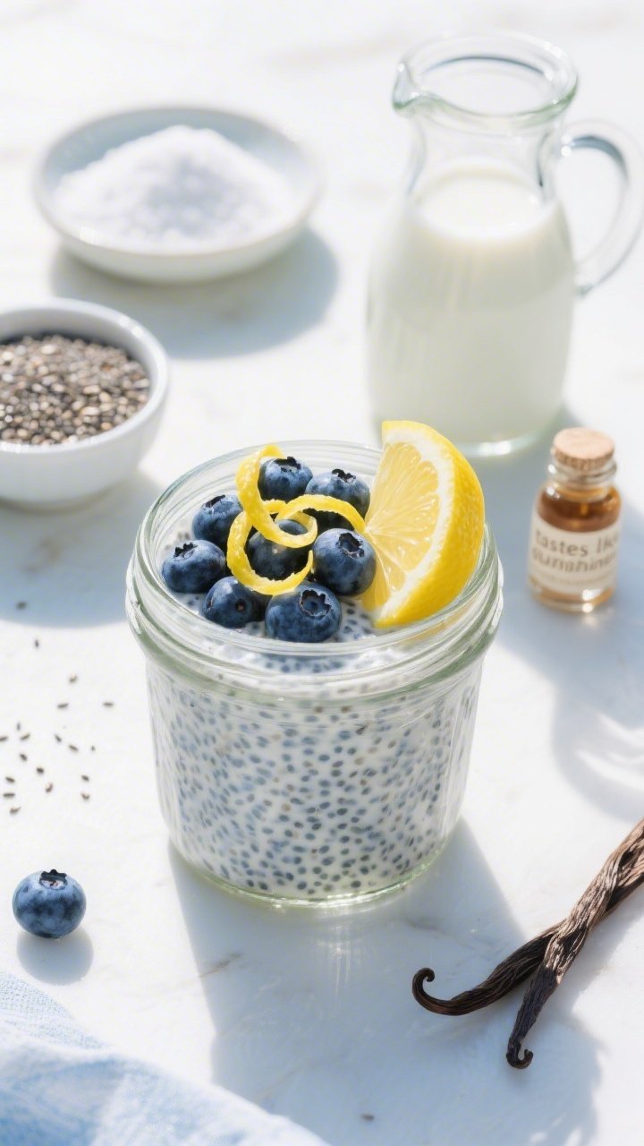 An overhead shot of lemon-blueberry chia pudding in a clear mason jar to showcase the chia seed bloom and speckled texture; topped with fresh blueberries, vibrant lemon zest curls, and a thin wedge of lemon; ingredients styled around: a small bowl of chia seeds, a carafe of unsweetened almond/coconut milk, a dish of powdered erythritol/allulose, and a bottle of vanilla extract; bright, sunlit mood with cool whites and blues to evoke “tastes like sunshine”