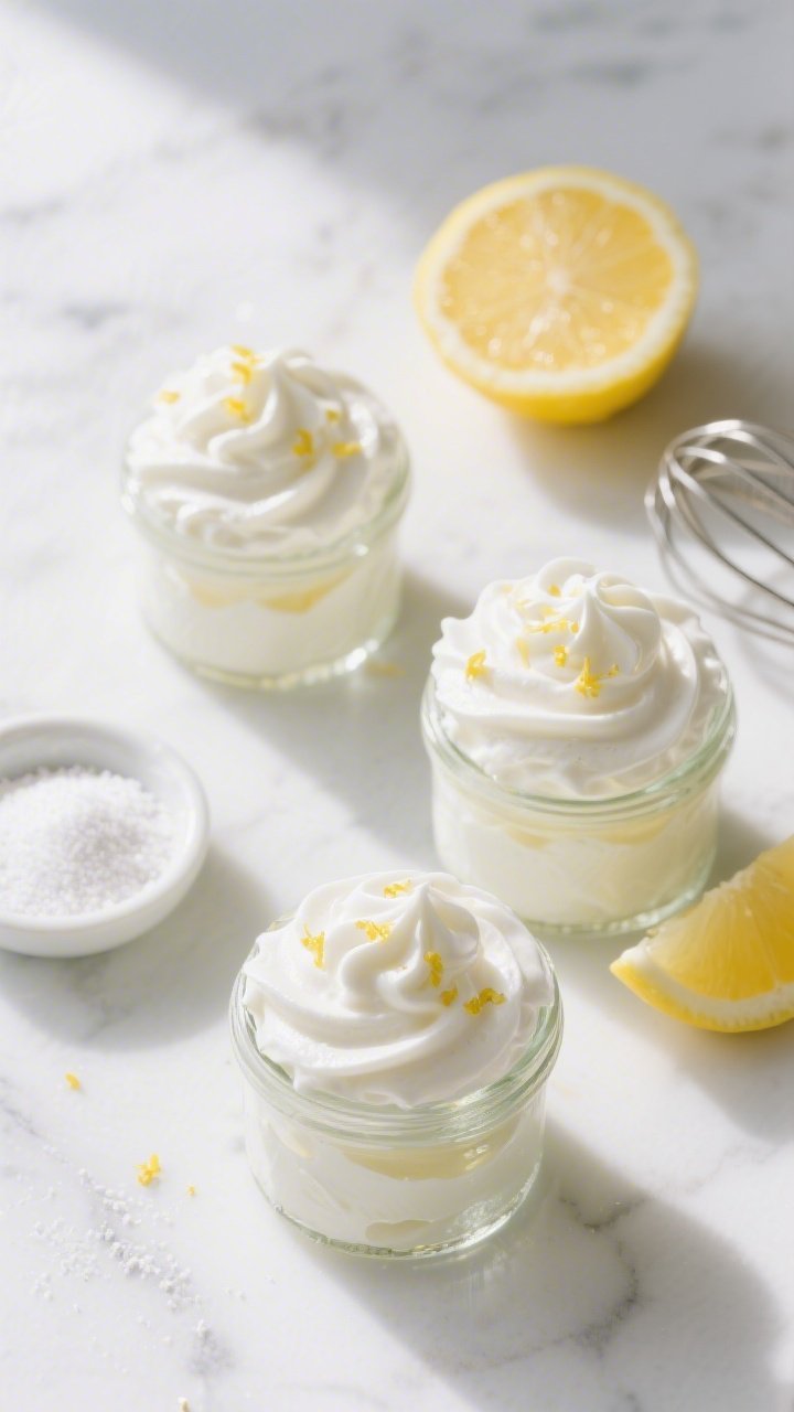 An overhead shot of lemon cream cloud jars: small glass jars filled with ultra-fluffy whipped heavy cream lightly sweetened with powdered erythritol, ripples and soft peaks visible, finished with a delicate drizzle of fresh lemon juice and fine lemon zest; ingredients staged around—halved lemons, a small dish of powdered sweetener, and a whisk—on a bright, sunlit white marble surface for an airy, fresh mood.