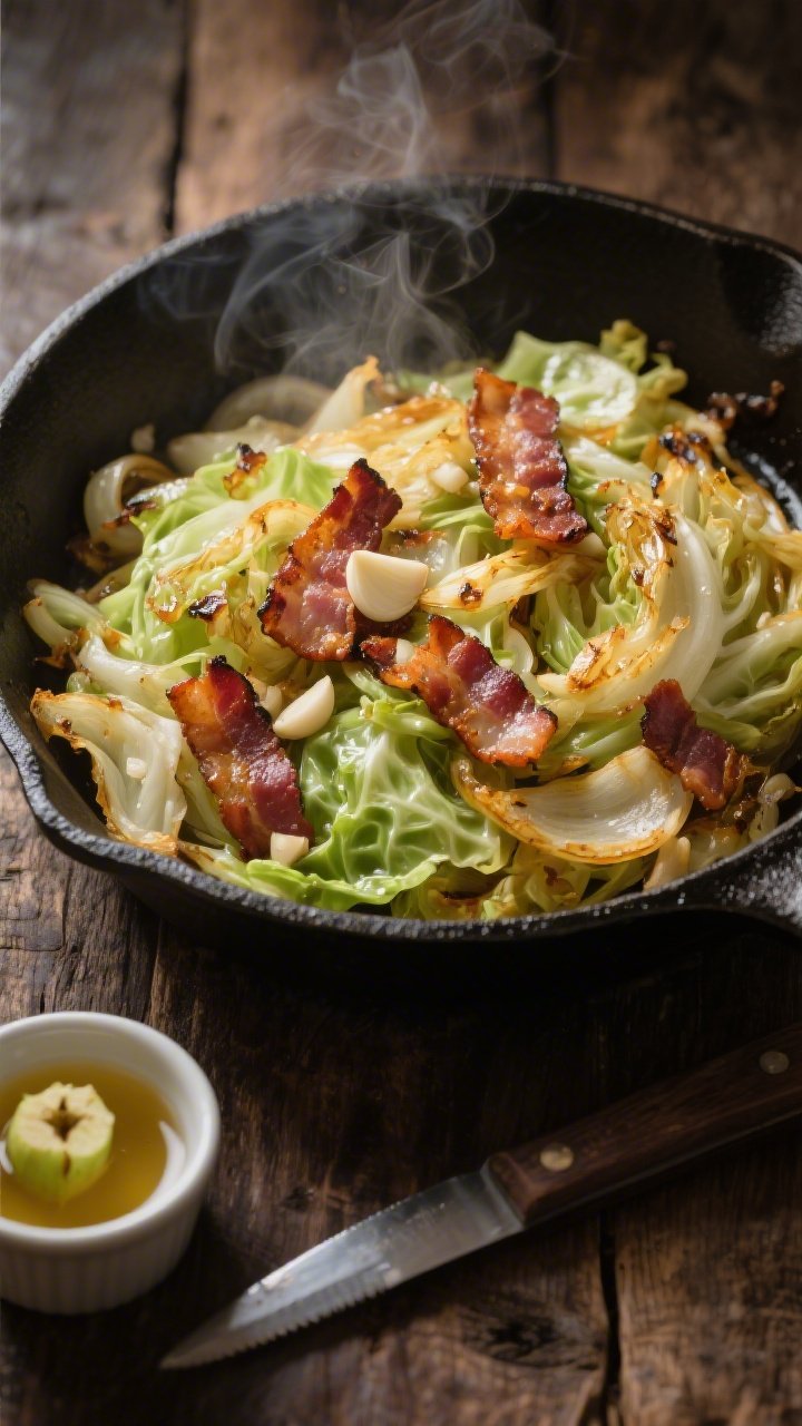 An overhead shot of smoky skillet fried cabbage with crispy bacon: a well-seasoned cast-iron skillet filled with thinly sliced green cabbage and golden-edged onions glistening in rendered bacon fat, scattered with crunchy thick-cut bacon pieces; minced garlic visible among the wilted cabbage, a light sheen from apple cider vinegar; styled on a rustic wood surface with a small ramekin of vinegar and a knife with cabbage core nearby; warm, moody lighting emphasizing charred edges and steam rising.