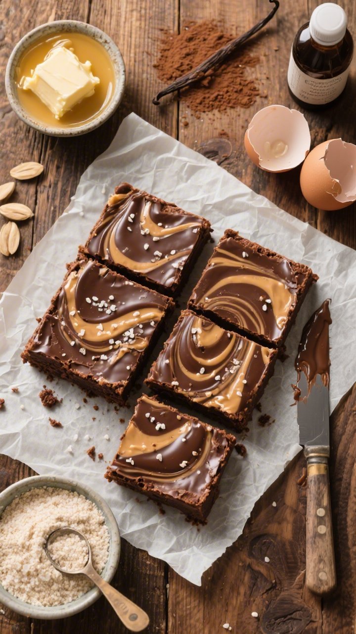An overhead shot of super-fudgy almond flour brownies cut into neat squares on parchment, thick salted peanut butter swirls visibly marbled on top and a glossy crackly surface; scattered around: a small bowl with granulated monk fruit/erythritol blend, a dish of melted unsalted butter, fine almond flour in a scoop, unsweetened cocoa powder dust, vanilla extract bottle, and two cracked eggshells; warm, rustic wooden backdrop with a knife bearing chocolate smears, emphasizing dense crumb and swirl contrast