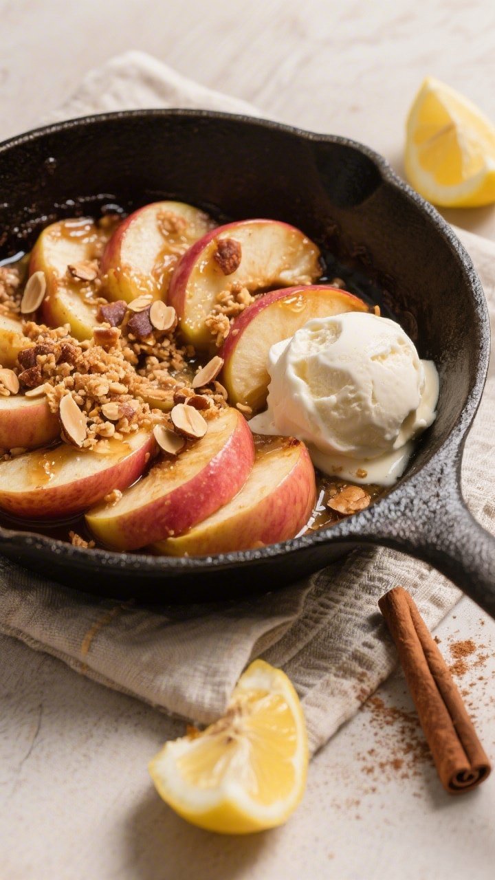 An overhead skillet scene of baked apples with almond crisp: Honeycrisp and Pink Lady slices tossed with lemon juice, coconut sugar or maple syrup, cinnamon, and a hint of ground ginger, topped with a rustic almond crisp; edges caramelized and bubbling; a scoop of vanilla ice cream melting a la mode on the side, cinnamon dusting visible; cast-iron skillet on a linen napkin with apple cores, a lemon half, and a cinnamon stick for context; warm, autumnal tones.
