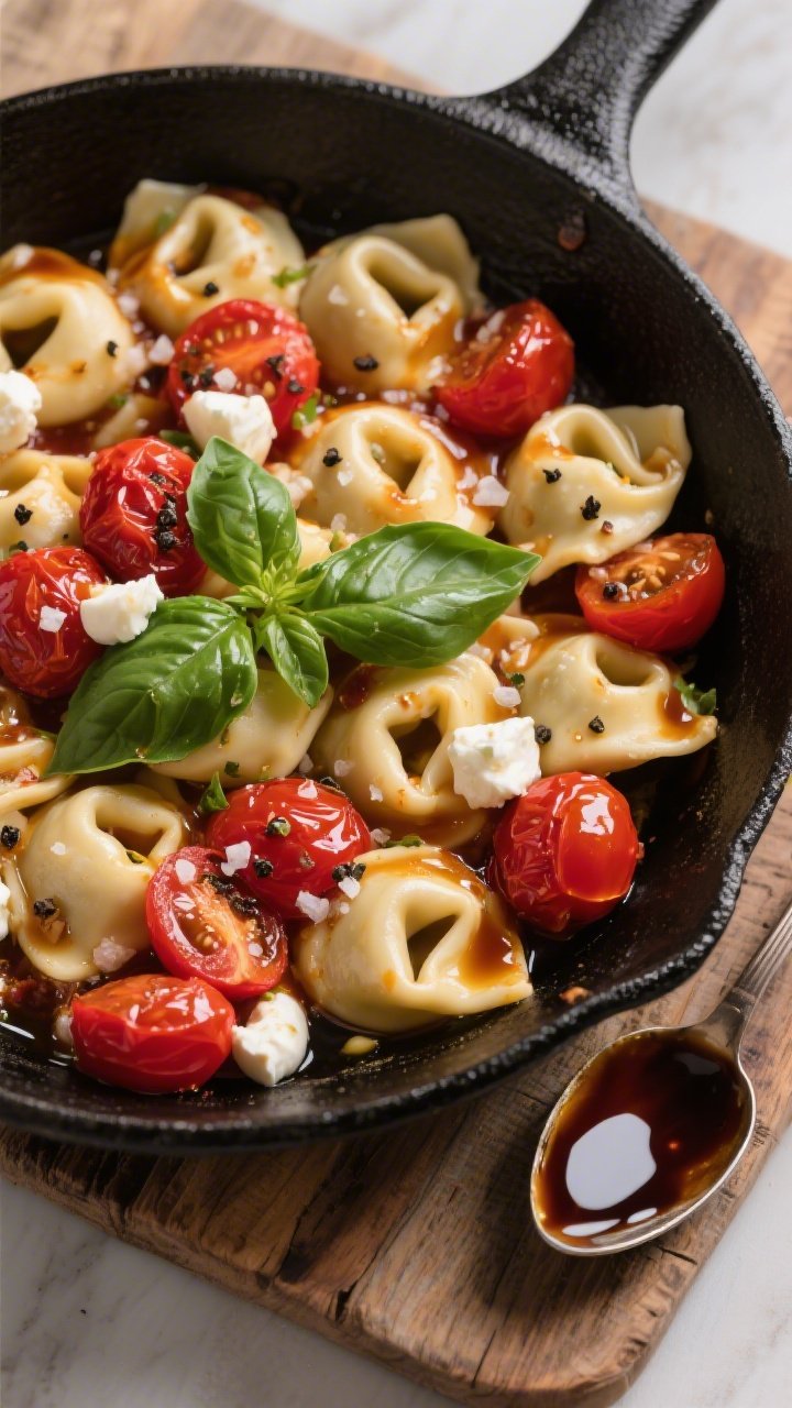 An overhead skillet shot of caprese tortellini: plump cheese tortellini tossed with burst cherry tomatoes blistered in olive oil and balsamic vinegar, juices creating a syrupy glaze; flecks of minced garlic, coarse black pepper specks, and kosher salt crystals visible; torn fresh basil and milky mozzarella pearls melting into the pasta; served in a matte black skillet on a rustic wood board, balsamic drips on a spoon nearby, vibrant reds and greens popping