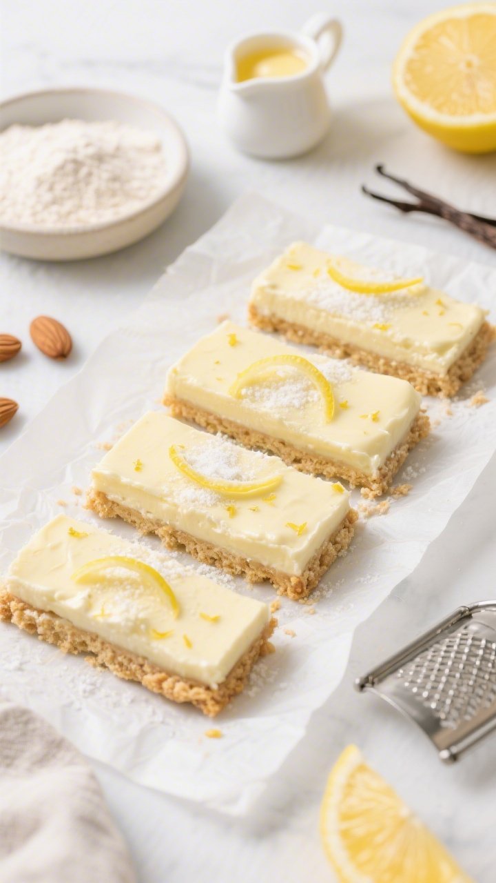 An overhead slice-and-serve scene of lemon ricotta cloud bars with almond shortbread crust on a parchment-lined slab. The bottom almond flour shortbread layer looks buttery and lightly golden; the lemon-ricotta layer is pale yellow, airy, and smooth with faint zest flecks. Garnish each bar with a fine dusting of sweetener and delicate lemon zest ribbons. Surround with styling cues: a bowl of almond flour, melted unsalted butter in a tiny pitcher, vanilla extract, and a zester with fresh lemons. Clean, bright, high-key lighting for a fresh, citrusy mood.