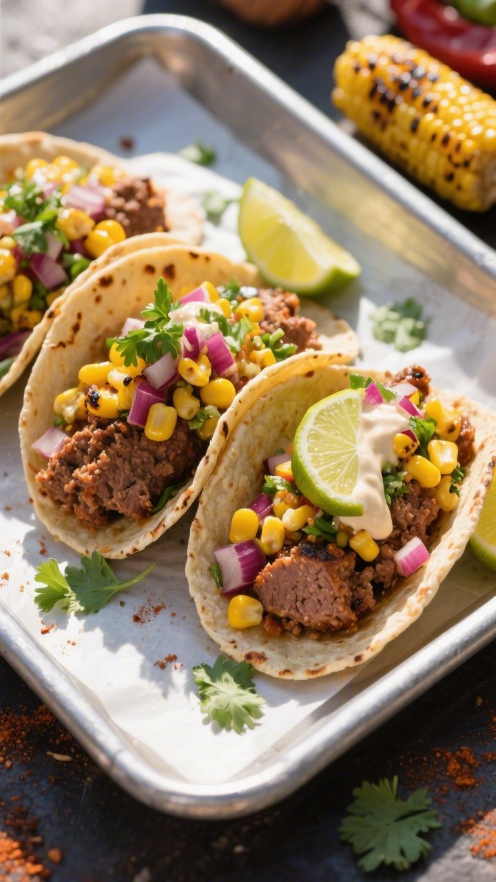 An overhead street-food presentation of Meatloaf Tacos with charred corn salsa: warmed corn tortillas filled with crumbled leftover meatloaf seasoned with chili powder, cumin, smoked paprika, garlic powder, and a pinch of salt and black pepper; topped with a vibrant charred corn salsa (deep yellow kernels with char spots, red onion, cilantro, lime), a squeeze of lime and a light crema drizzle; served on a metal tray lined with parchment, scattered cilantro leaves and lime wedges, bold, colorful, and sunlit for a lively street-market feel.
