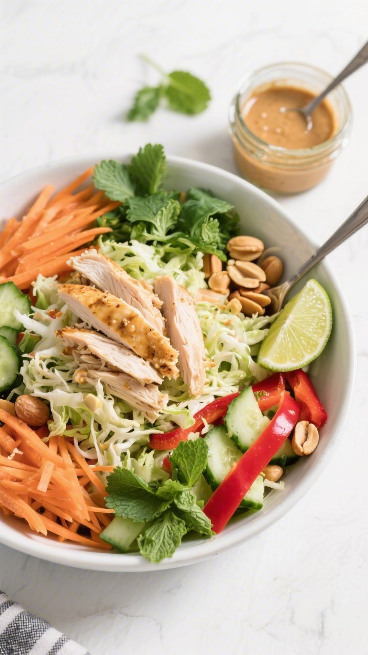 An overhead, vibrant ingredient-and-assembly shot for a crunchy Thai-inspired chicken salad with peanut-lime dressing: a large bowl of shredded rotisserie chicken, crisp shredded cabbage, julienned carrots, sliced cucumbers, red bell pepper strips, cilantro and mint leaves, chopped peanuts, and lime wedges; a small jar of glossy peanut-lime dressing with a spoon showing its silky texture; bright, fresh styling on a white surface with pops of green and orange; emphasize crunch and freshness, ready to toss.