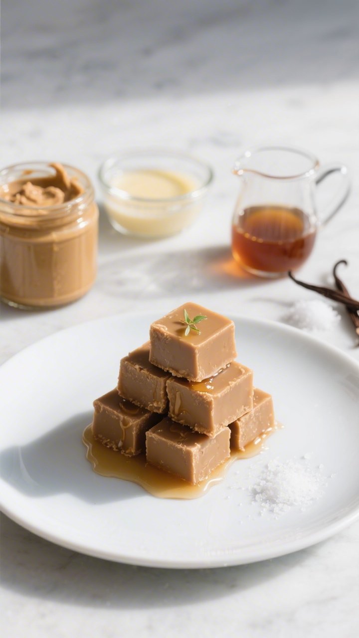 Clean, minimalist plated presentation of Vegan Maple-Peanut Butter Freezer Fudge: tidy cubes stacked on a chilled white plate, firm edges with a silky matte finish, tiny glisten of coconut oil, and micro-drizzle of maple syrup pooling slightly. Ingredient cues arranged as a flat lay vignette nearby: well-stirred natural creamy peanut butter in a jar, melted refined coconut oil in a clear ramekin, a small pitcher of pure maple syrup, vanilla extract, and a pinch of fine sea salt. Cool-toned daylight, crisp shadows, fresh, wholesome vibe.