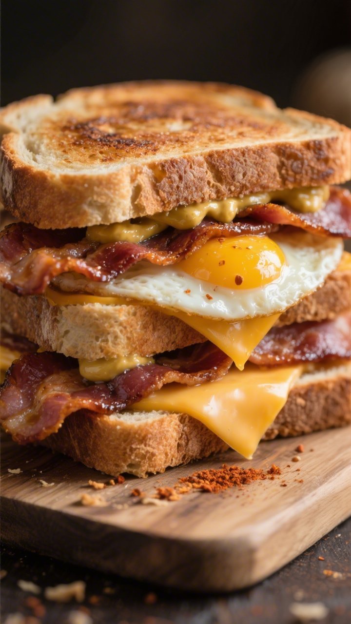 Close-up, 45-degree angle: a stacked smoky maple bacon, egg, and sharp cheddar sandwich on toasted sourdough. Show four slices of thick-cut bacon lacquered with a glossy maple syrup sheen, a softly set sunny egg with runny yolk, melted cheddar cascading over edges, and a swipe of Dijon mustard. Butter-brushed sourdough with crisp, blistered texture; a pinch of smoked paprika/pepper visible on the egg. Warm, moody morning light, shallow depth of field, crumbs on a wooden board, no people.