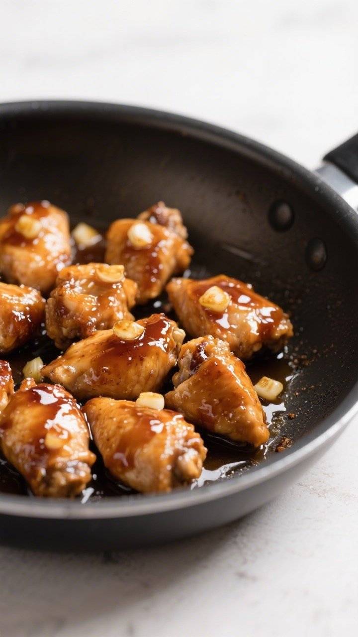 Close-up, 45-degree angle of sticky honey-garlic chicken bites in a single nonstick pan, glossy lacquered sauce clinging to