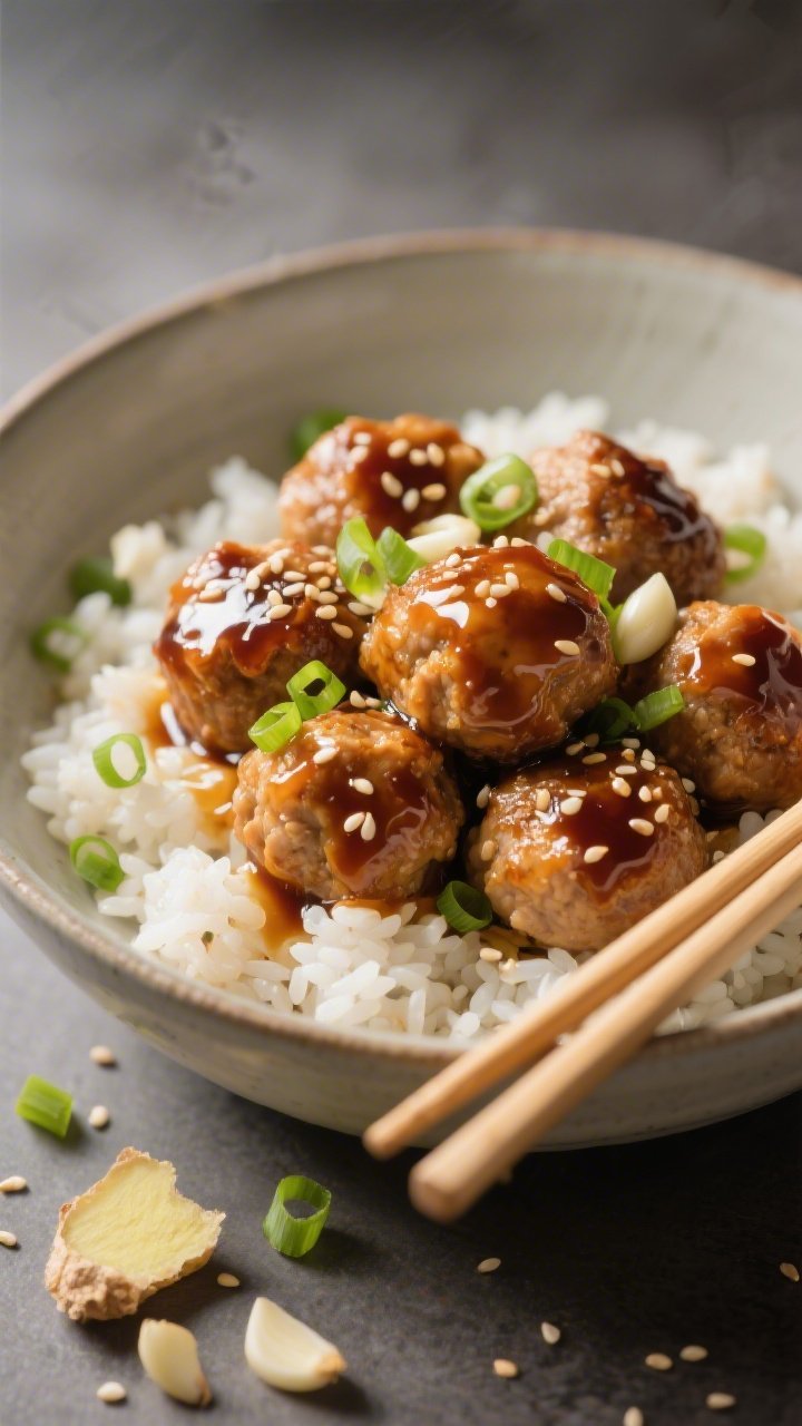 Close-up 45-degree shot of sticky ginger-soy glazed chicken meatballs over sesame rice: glossy, lacquered meatballs (ground chicken, panko, egg) piled on fluffy rice sprinkled with toasted sesame seeds. Finely sliced scallions, ginger strands, and minced garlic clinging to the glaze; a light soy sauce sheen pooling slightly around the grains. A pair of chopsticks resting beside the bowl, with extra scallions scattered. Directional light to accentuate shine and succulent texture.
