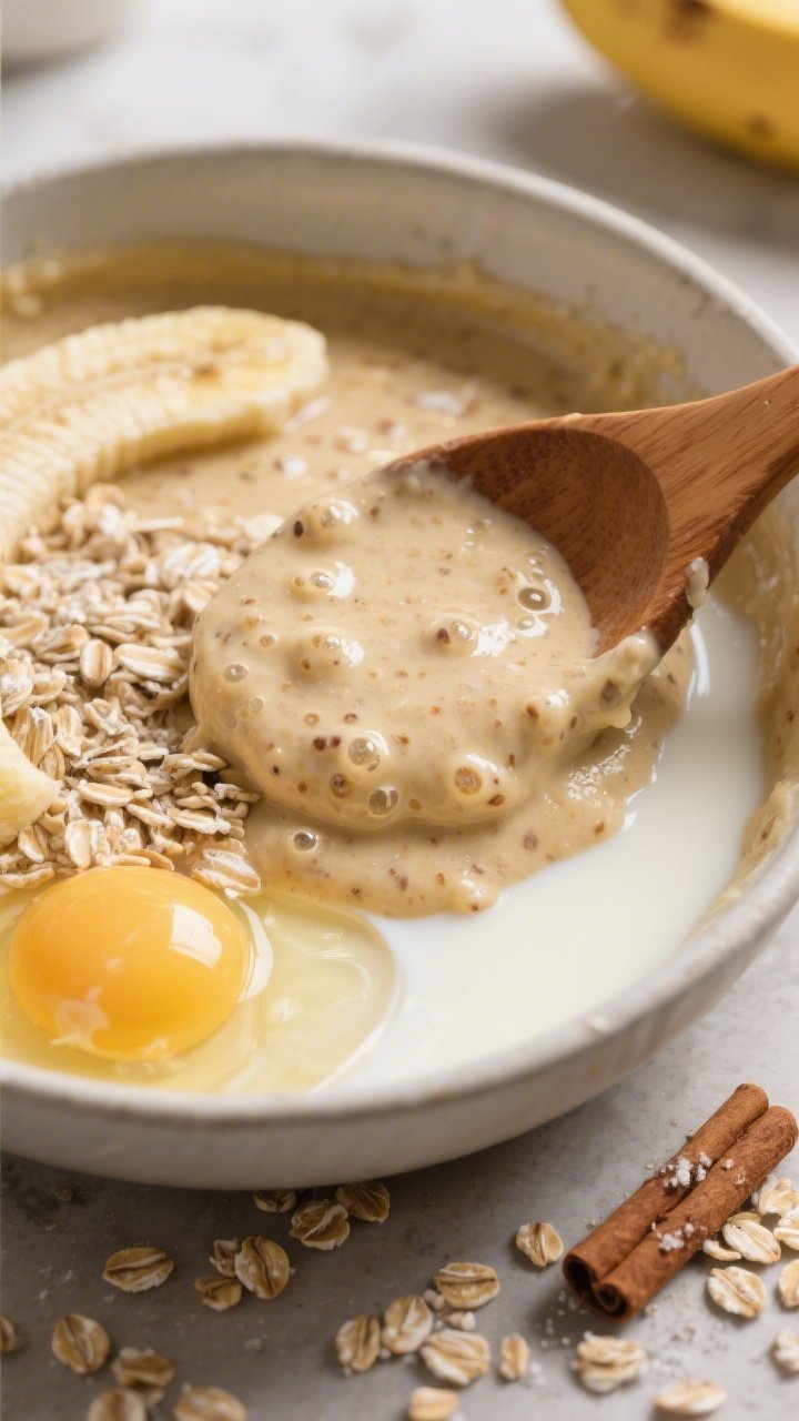 Close-up action shot of banana oat pancake batter in a single bowl, just mixed and ready: 1 ripe banana mashed with 1 large egg, 1/3 cup rolled oats, 2 tablespoons milk, 1/2 teaspoon baking powder, 1/2 teaspoon vanilla extract, pinch of cinnamon and salt; visible oat flecks and airy bubbles forming; wooden spoon coated with thick batter; warm, cozy morning light, minimal props—only the bowl, scattered oats, and a pinch of cinnamon on the counter.