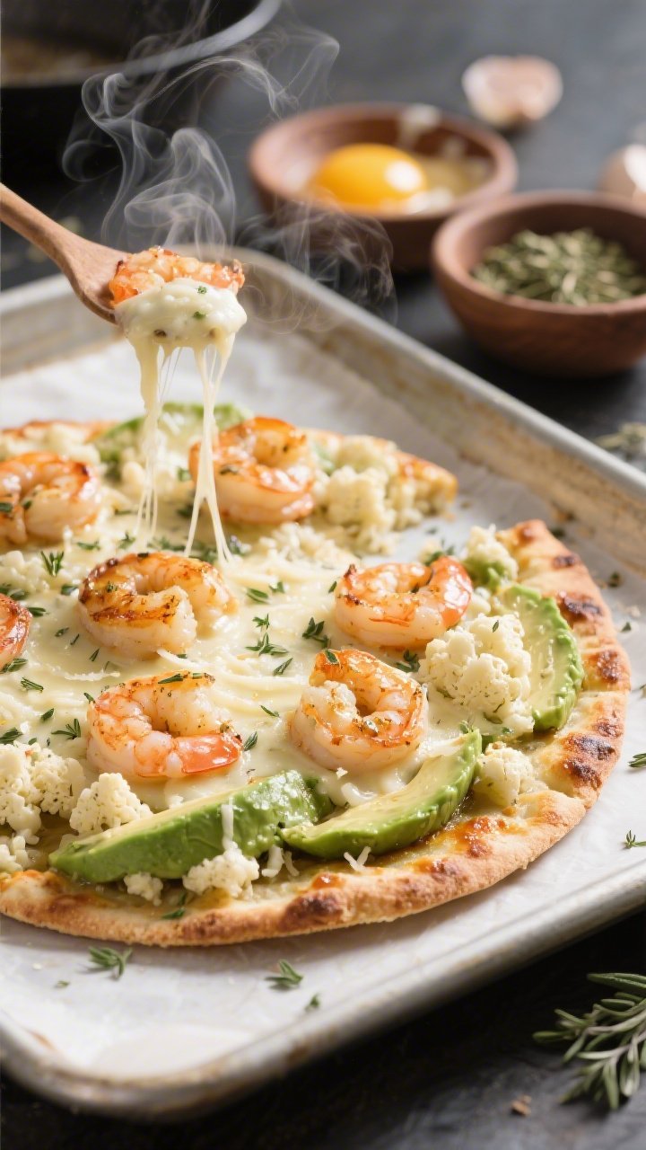 Close-up action shot of cheesy cauliflower flatbread on a parchment-lined sheet pan, edges caramelized and speckled with oregano, being topped with smashed avocado and glossy, garlicky shrimp just off the skillet; visible ingredients include riced cauliflower, shredded mozzarella, grated Parmesan, a cracked egg, garlic powder, and dried oregano arranged in small prep bowls; steam rising from the shrimp, capturing melty cheese pull and crisp-chewy flatbread texture.