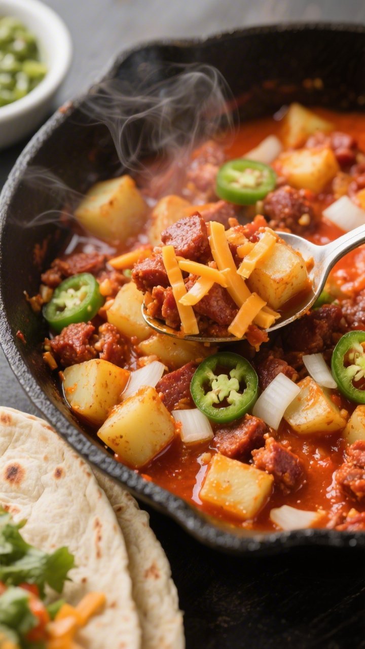 Close-up action shot of Chorizo & Potato burrito filling in a skillet: fresh Mexican chorizo sizzling with finely chopped white onion and minced jalapeño, coating 1/2-inch Yukon Gold potato cubes in a fiery red-orange oil. Wisps of steam, glossy pepper jack shreds melting in at the edges, a spoon poised to scoop into a tortilla sitting nearby with a small bowl of salsa verde. Vibrant colors, shallow depth of field to emphasize spicy texture and sheen.