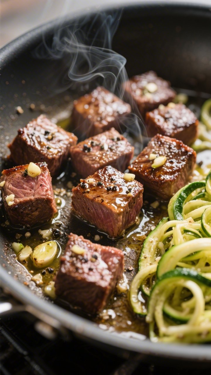 Close-up action shot of garlic butter steak bites sizzling in a stainless skillet, browned 1-inch cubes of sirloin glistening in butter and avocado oil with garlic bits visible, sea salt and cracked black pepper crystals on the crust; zucchini noodles tossed in the pan juices at the edge, steam rising, capturing glossy textures and rich caramelization.