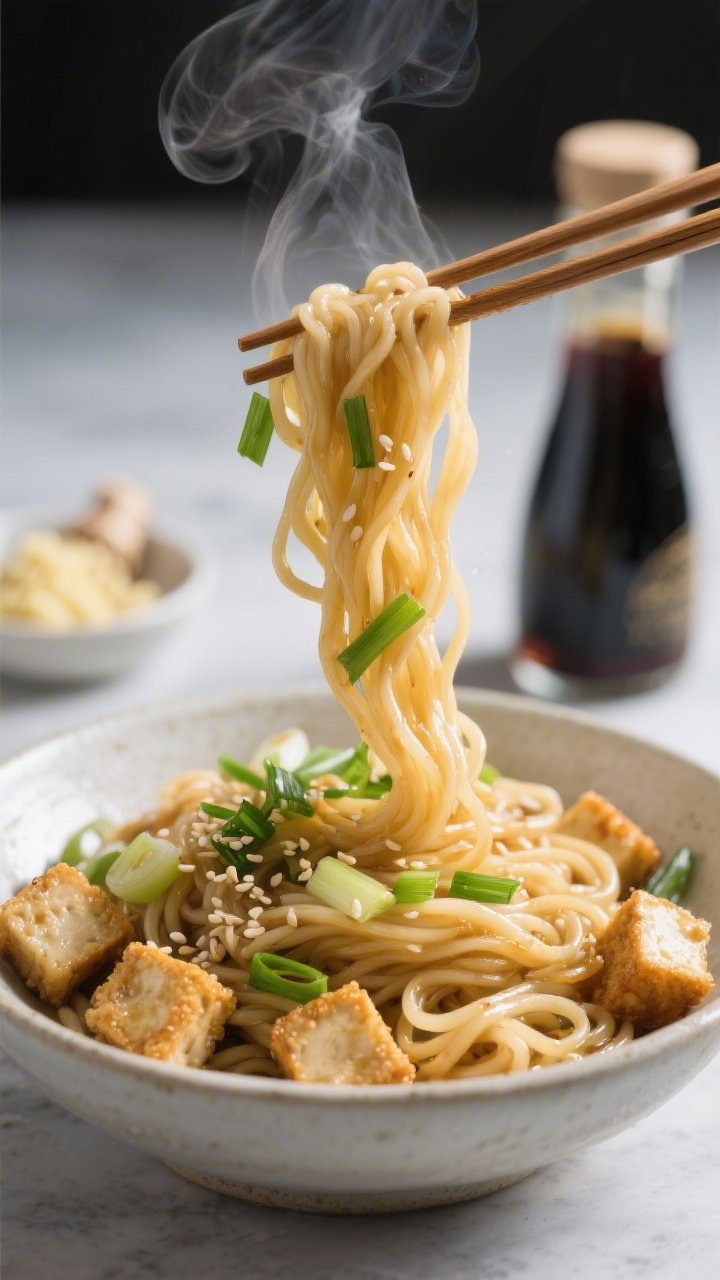 Close-up action shot of ginger-scallion noodles being lifted by chopsticks from a bowl: glossy thin wheat noodles coated in a light soy-ginger sheen, tangled with abundant sliced scallions; golden, craggy cubes of crispy tofu (cornstarch-dusted and pan-fried in neutral oil) scattered on top; micro wisps of steam, sesame seeds sprinkled lightly; background blur reveals a small dish of grated ginger and a bottle of soy sauce; clean, modern vibe.