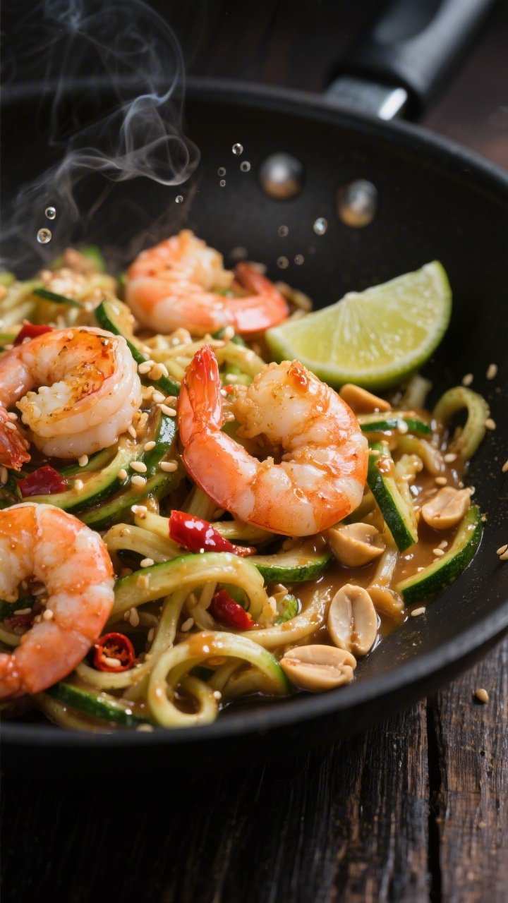 Close-up action shot of Spicy Peanut Zoodle Stir-Fry With Ginger-Lime Shrimp: juicy pink shrimp seared with grated fresh ginger and minced garlic, tossed with glossy zucchini zoodles coated in a spicy peanut sauce; visible crushed peanuts, chili flakes, and a wedge of lime on the side; tiny bubbles and steam for immediacy, sesame-like sheen from avocado/olive oil; shallow depth of field to highlight shrimp char and zoodle texture, captured at a 45-degree angle in a black wok on a dark wood surface.