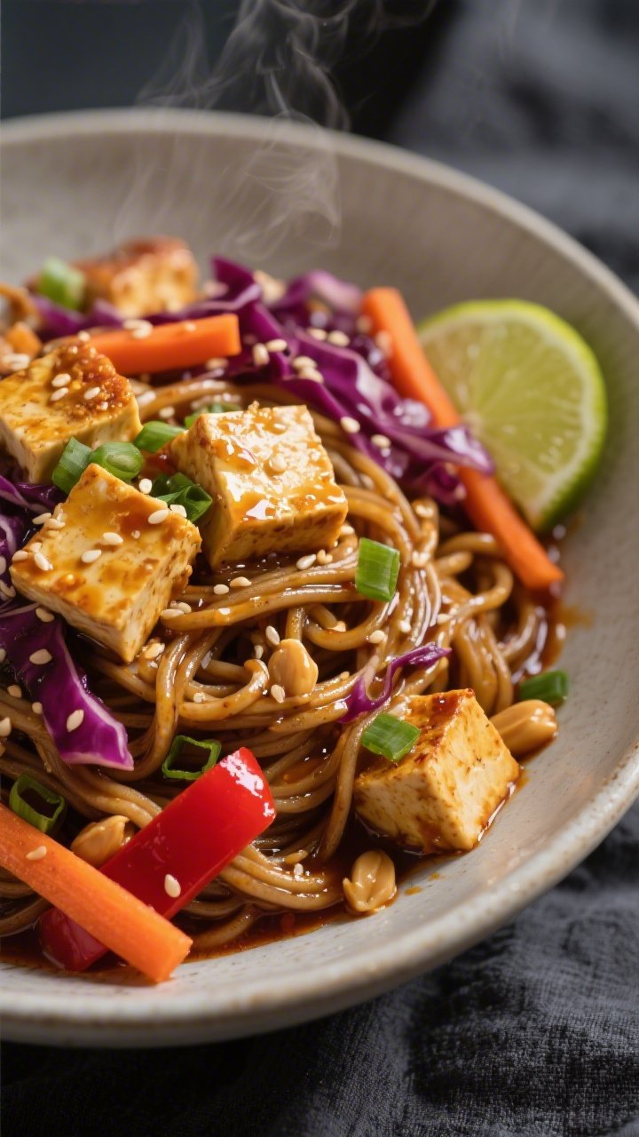 Close-up action shot of Spicy Tofu Peanut Soba: glossy soba noodles tangled with cornstarch-crisped tofu cubes (golden edges), shredded red cabbage, matchstick carrots, and thin red bell pepper slices, all lacquered in a spicy peanut sauce. Sesame seeds and chopped scallions sprinkled on top, wedge of lime at the side. Shot at 45 degrees to capture shine, steam, and crunch contrasts, neutral ceramic bowl against a charcoal linen backdrop.