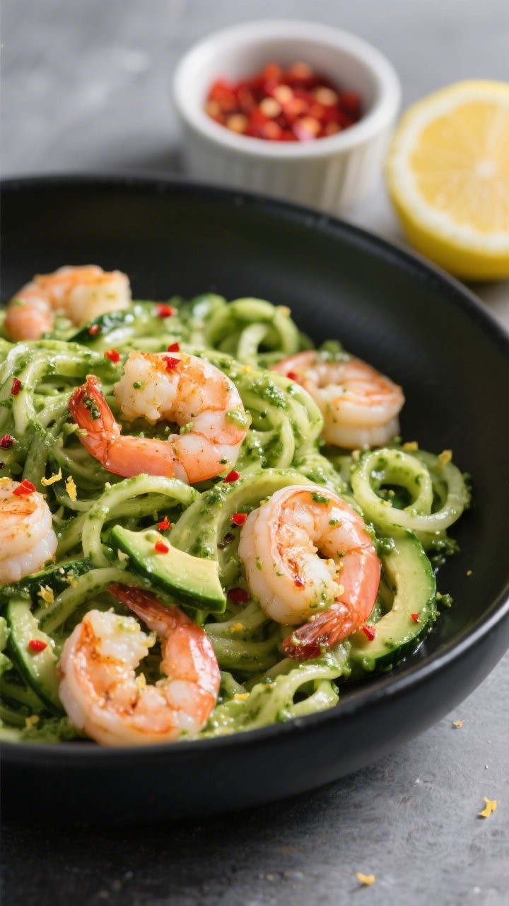 Close-up action shot of zesty shrimp zoodles tossed in creamy avocado pesto: plump, pink shrimp with light char speckles and red pepper flakes nestled among glossy spiralized zucchini coated in vibrant green avocado-basil pesto. Olive oil sheen, cracked black pepper, and lemon zest microplaned over the top. Shot at 45 degrees in a matte black bowl, with a small ramekin of red pepper flakes and half a lemon in the background.