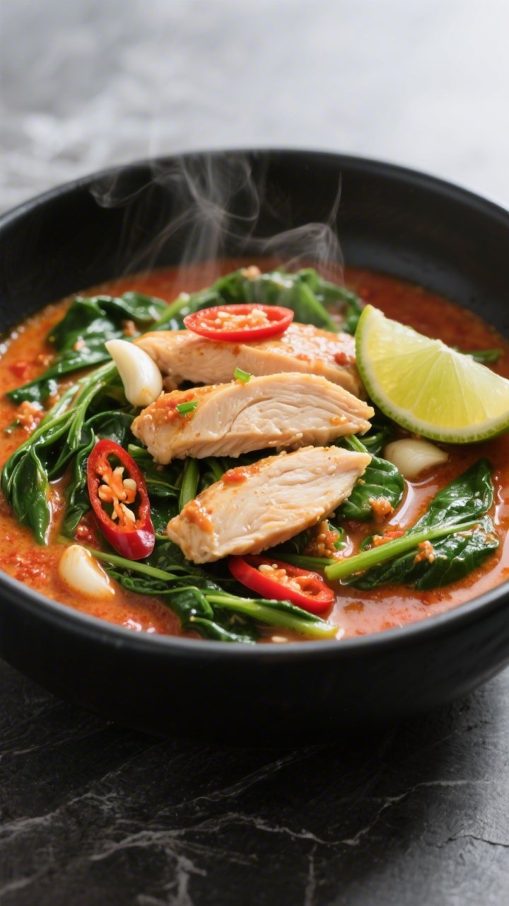 Close-up bowl shot of 15-minute coconut curry chicken with spinach: thinly sliced chicken breast simmered in a fragrant red curry paste and garlic base, bathed in glossy coconut milk, wilted spinach ribbons adding deep green contrast; garnished with a few chili slices and a squeeze of lime, served in a matte black bowl on a slate surface, bright side light emphasizing the creamy texture and aromatic steam.