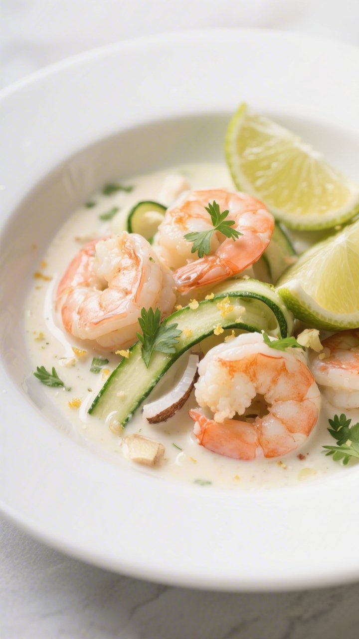 Close-up, creamy coconut-lime shrimp in a shallow white bowl: plump pink shrimp nestled in a glossy coconut-lime sauce with hints of grated ginger, minced garlic, and shallot. Fresh zucchini ribbons twirled through the sauce, lime zest sprinkled, micro cilantro leaves scattered, a wedge of lime on the rim. Soft highlights on the sauce, tight depth of field, clean modern styling, bright and tropical vibe.