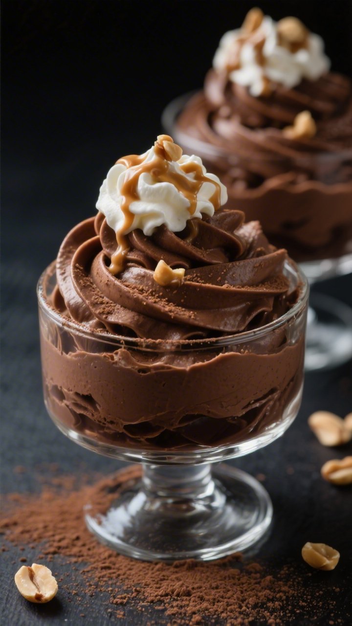 Close-up dessert shot of decadent chocolate peanut butter mousse piped into clear glasses: ultra-fluffy swirls made from whipped heavy cream, cream cheese, natural peanut butter, cocoa, and powdered erythritol/allulose. Silky chocolate sheen with delicate cocoa dusting, a dollop of softly whipped cream, peanut butter drizzle, and a few chopped roasted peanuts on top. Soft, moody lighting against a dark background to emphasize richness and airy texture.