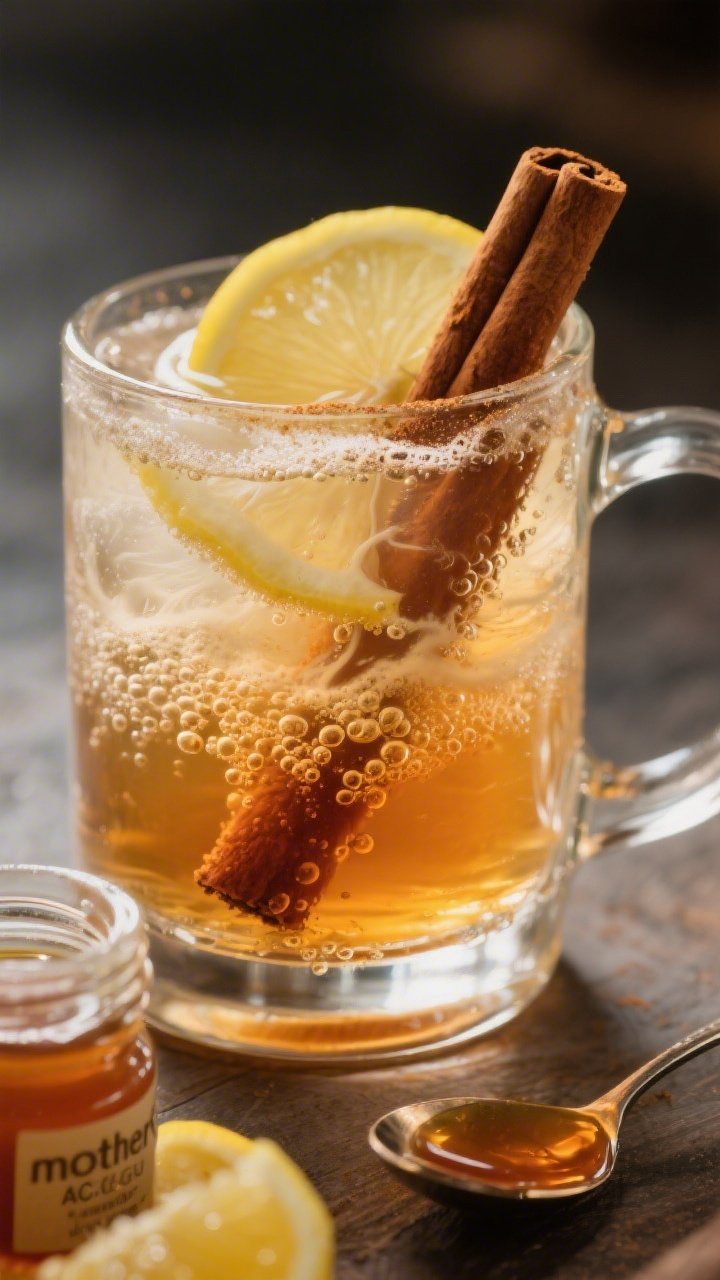 Close-up macro of an apple cider vinegar glow tonic in a clear heat-proof mug: warm water base with a cloudy “mother” swirl from ACV, a cinnamon stick steeping (or visible dusting of ground cinnamon forming a subtle halo), a splash of lemon juice, and a light thread of maple syrup sinking; tiny micro-bubbles, warm amber tones; styled with a small jar of ACV, a cut lemon, a maple syrup spoon; moody morning backlight emphasizing texture.