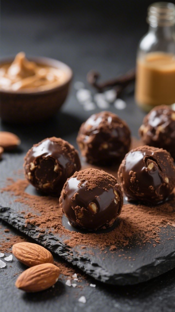 Close-up macro of No-Bake Cocoa Almond Energy Bites: glossy, truffle-like spheres rolled smooth, with a light dusting of unsweetened cocoa powder; visible flecks hinting at raw almonds and Medjool dates inside; a small bowl of almond butter, vanilla extract bottle, and pinch of flaky sea salt in soft focus; dark slate surface, dramatic side light to highlight fudgy, brownie-like texture.