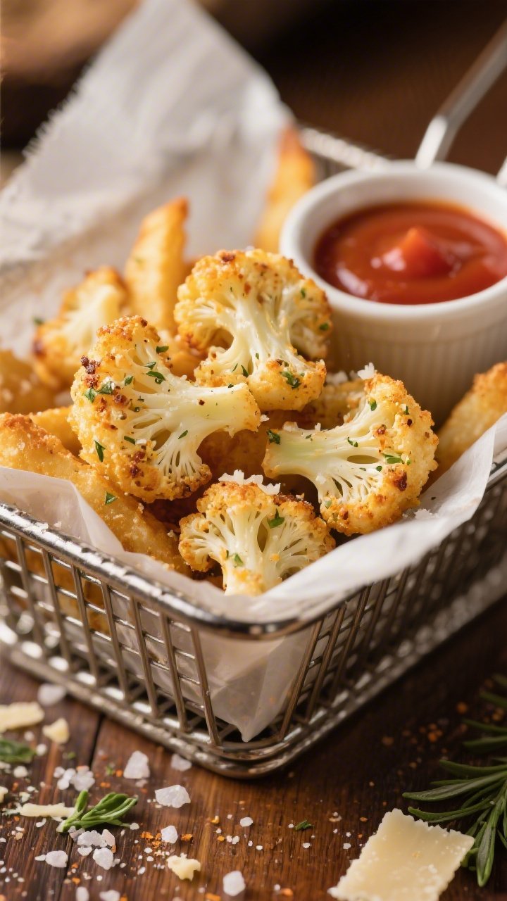 Close-up macro of Parmesan Herb “Fry-Style” Cauliflower Bites: small, fry-sized roasted florets with a crisp, golden Parmesan crust and flecks of Italian seasoning and onion powder, coarse salt crystals visible. Served in a parchment-lined metal basket like fries, with a side ramekin of marinara for dipping. Shallow depth of field, crunchy texture emphasized, scattered grated Parmesan and herbs on the table, warm pub-snack mood.