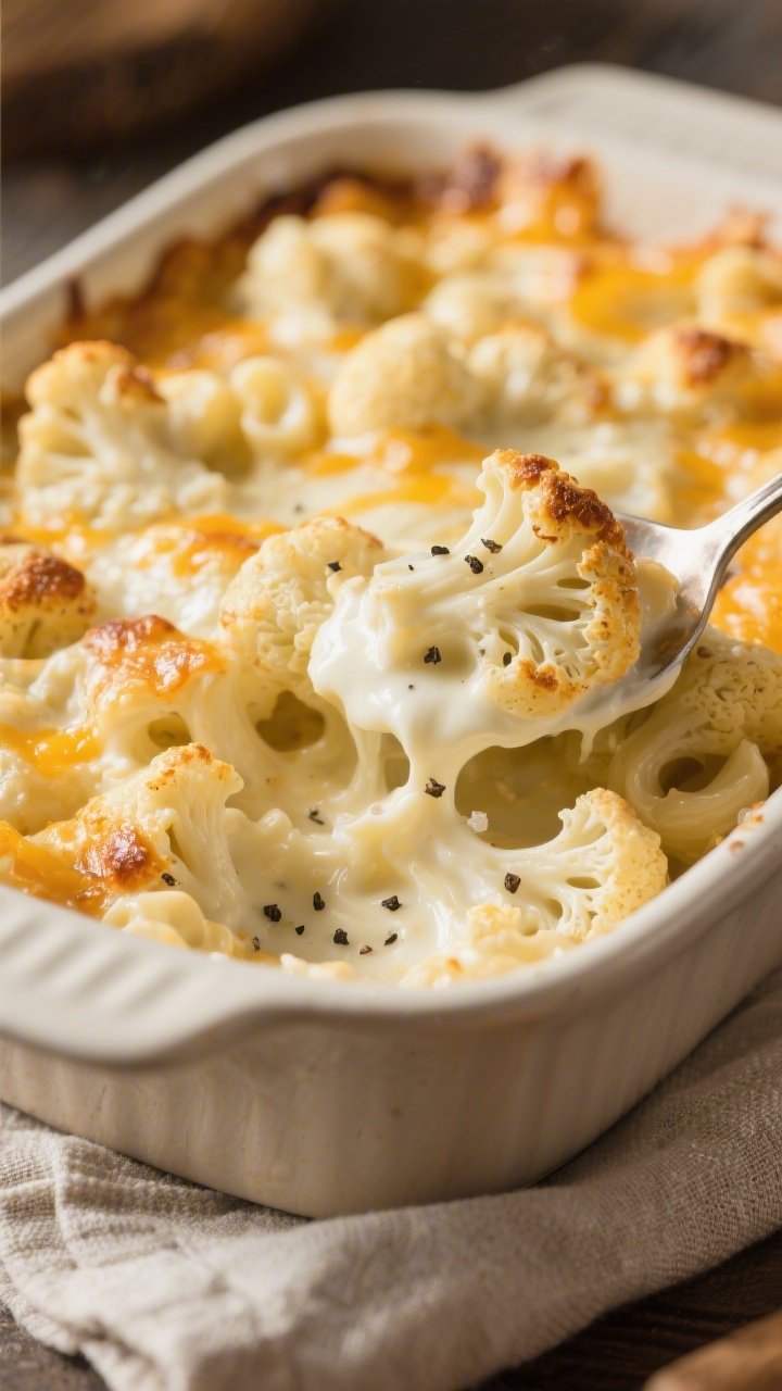 Close-up of a cheesy cauliflower “mac” bake just out of the oven: tender cauliflower florets coated in a velvety sauce made from butter, heavy cream, and melted cream cheese, edges lightly browned and bubbly; spoon breaking into the creamy, stretchy texture; seasoning of sea salt and black pepper visible; neutral ceramic baking dish on a linen napkin, bright yet soft lighting for maximum comfort-food appeal.