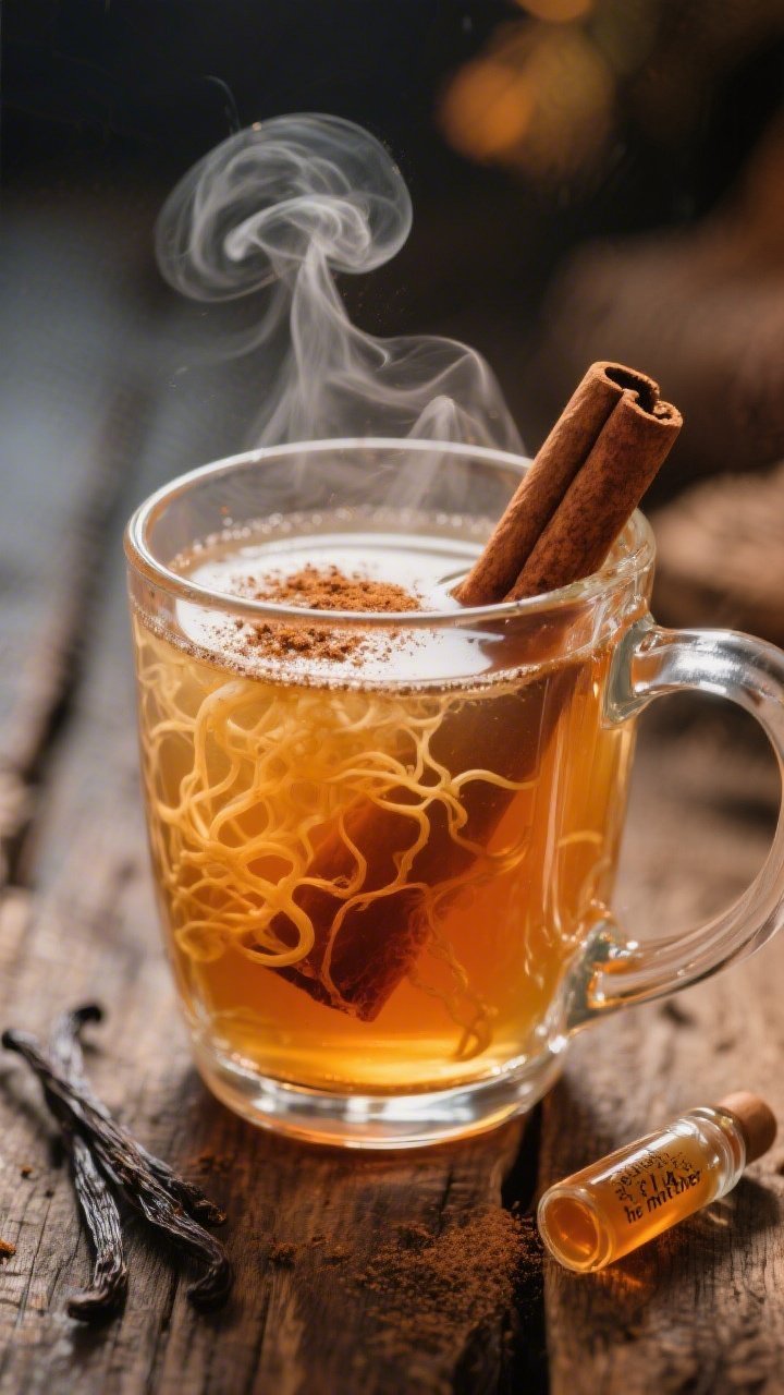 Close-up of a warm spiced apple cider vinegar night sipper in a heatproof clear mug: 1 1/4 cups warm water base with 1 tablespoon raw unfiltered ACV (with “the mother”) creating a faint cloud, a cinnamon stick partially submerged (or fine dusting of Ceylon cinnamon on top), and subtle amber tones. A tiny glass vial of pure vanilla extract (1/4 teaspoon) sits nearby, with warm, cozy evening lighting and faint steam; rustic wood backdrop, tight focus on swirling strands of “the mother” and cinnamon textures; no people.