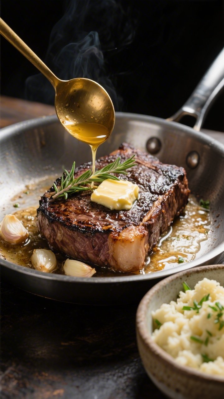 Close-up of butter-basted ribeye in a stainless pan at mid-baste: a thick, well-seared steak with a dark crust, bubbling butter pooling with smashed garlic and thyme sprigs; golden spoon stream over the steak; next to it a rustic bowl of silky herbed cauliflower mash flecked with chives; high-heat oil sheen visible; dramatic, contrasty lighting emphasizing texture.