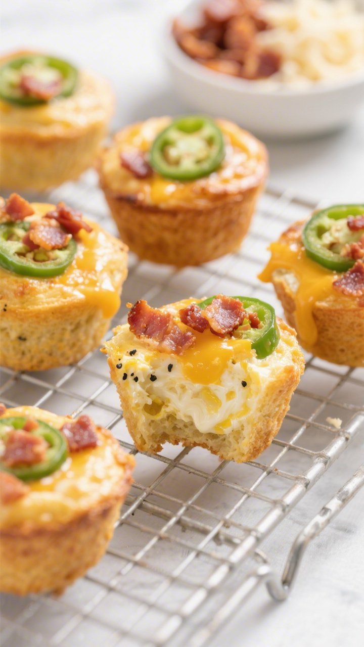 Close-up of cheesy bacon jalapeño egg bites on a cooling rack: golden, puffed muffin-sized bites with melted cheddar (or pepper jack) oozing from crevices, crisp bacon crumbles on top, and thin jalapeño slices baked in. The interior texture is visible on one cut-open bite, showing fluffy egg mixed with heavy cream, specks of onion powder, black pepper, and cheese. A small bowl of extra bacon crumbles and grated cheese in background. Clean, bright light for a meal-prep vibe, shallow depth of field.