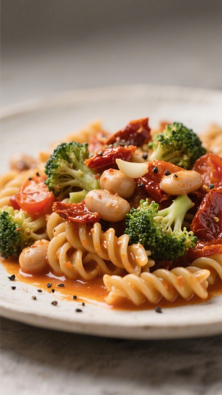 Close-up of creamy sun-dried tomato pasta: whole-wheat/chickpea pasta swirled in a glossy, dairy-free sun-dried tomato sauce made with reserved tomato oil, folded with tender small broccoli florets and creamy cannellini beans, flecks of tomato and garlic visible, silky sauce clinging to ridges, sprinkled with black pepper and a drizzle of reserved sun-dried tomato oil, shallow depth of field, warm, cozy studio light