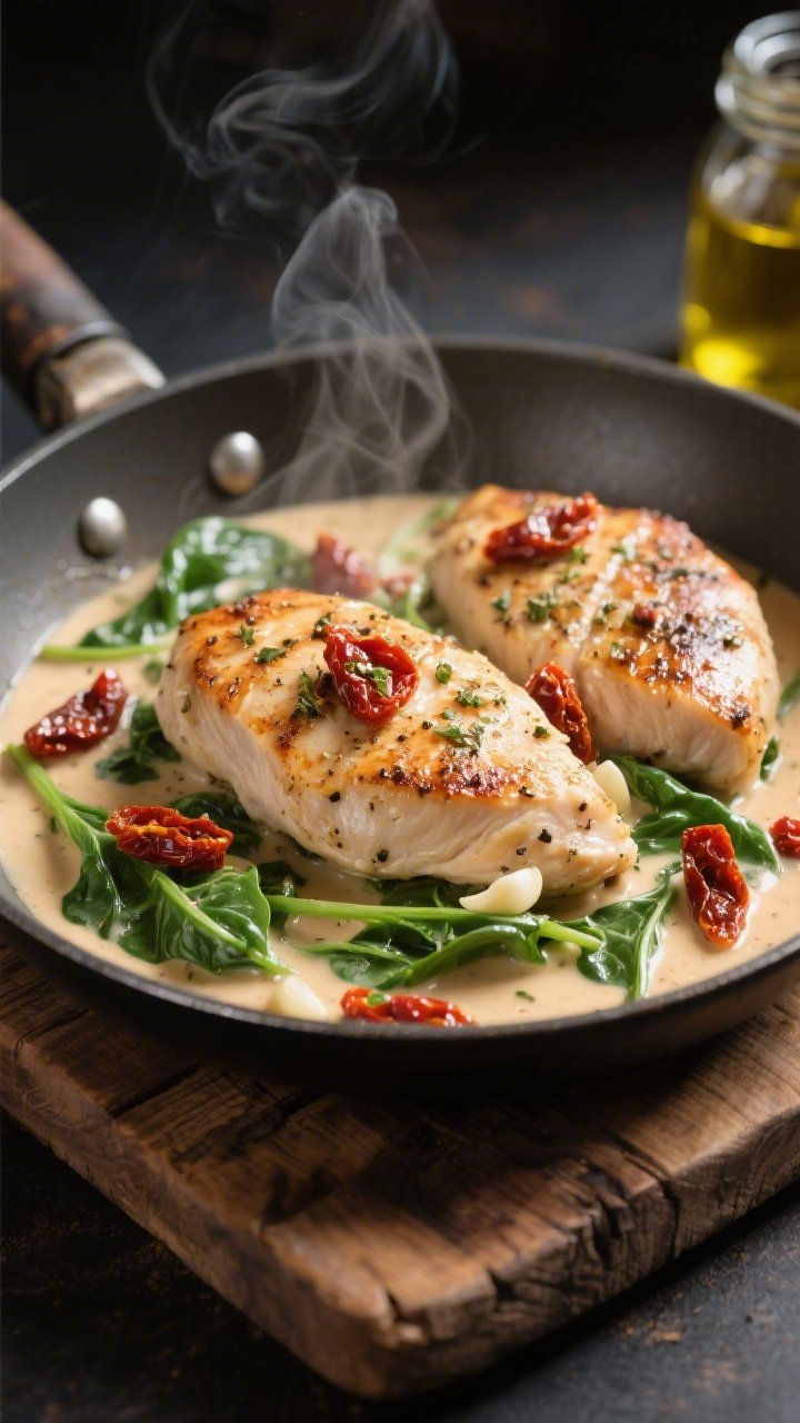 Close-up of Creamy Tuscan Chicken in the pan: pan-seared chicken breasts seasoned with Italian seasoning, salt, and pepper, nestled in a silky sun-dried tomato and garlic cream sauce; ribbons of wilted spinach and scattered sun-dried tomato pieces, sauce clinging to the chicken; olive oil shimmer from the tomato jar evident; served in a shallow stainless skillet on a rustic wood board; soft, restaurant-fancy lighting with steam gently rising.