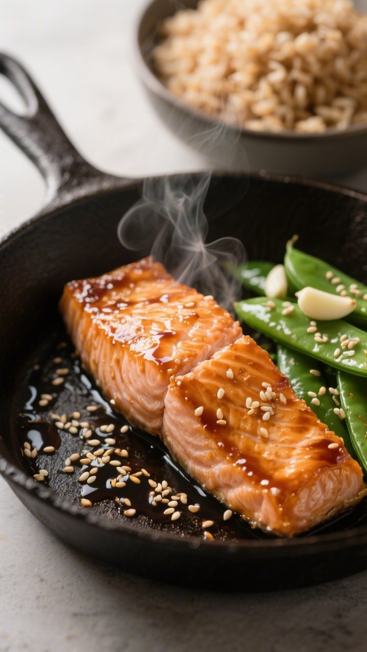 Close-up of ginger-garlic glazed salmon fillets in a cast-iron skillet: skin-on salmon lacquered with a glossy mix of low-sodium soy sauce (or tamari), rice vinegar, honey, fresh grated ginger, and minced garlic; sesame snow peas tossed with toasted sesame seeds tucked alongside. Steam rising, sticky caramelized edges, scattered sesame seeds, a bowl of fluffy brown rice blurred in the background, warm directional light emphasizing glaze and flaky texture.